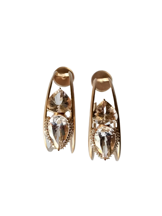 18k Yellow Matte Gold Hoop Earrings - Natural Morganite & Diamond Earrings Hover Image