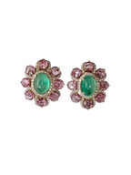 Natural Colombian Emerald & Pink Sapphire Stud Earrings - 18k Rose Gold Diamond Earrings