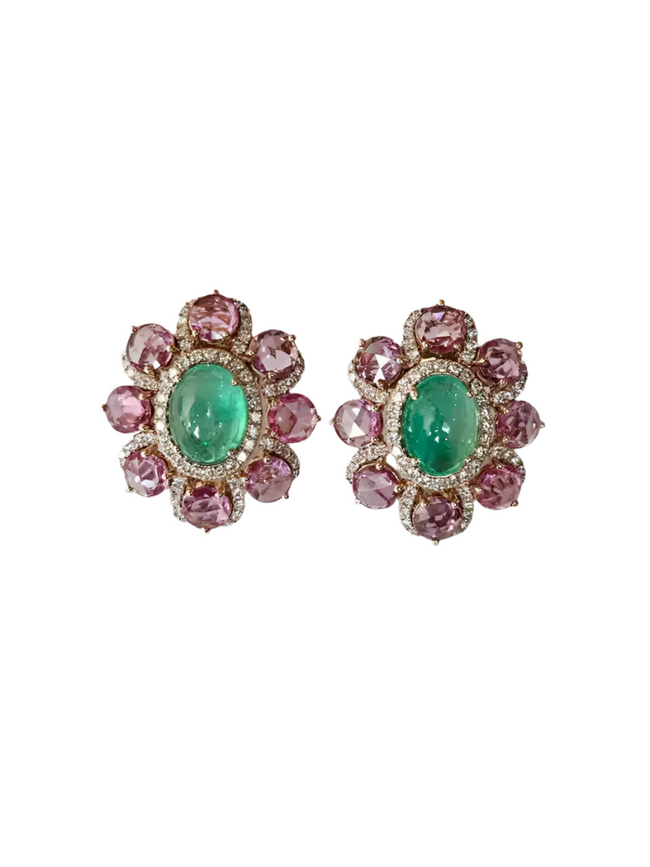 Natural Colombian Emerald & Pink Sapphire Stud Earrings - 18k Rose Gold Diamond Earrings Hover Image