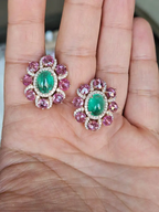 Natural Colombian Emerald & Pink Sapphire Stud Earrings - 18k Rose Gold Diamond Earrings
