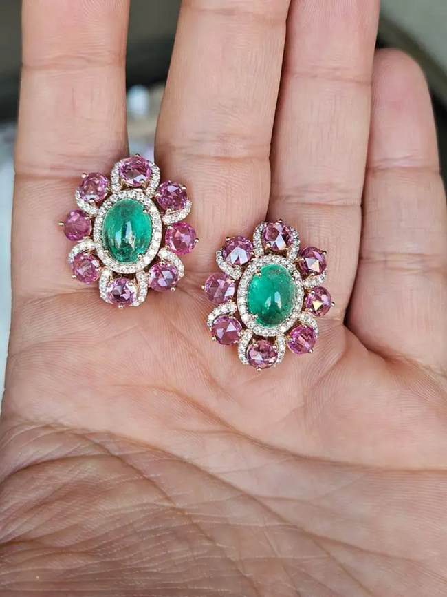 Natural Colombian Emerald & Pink Sapphire Stud Earrings - 18k Rose Gold Diamond Earrings Main Image