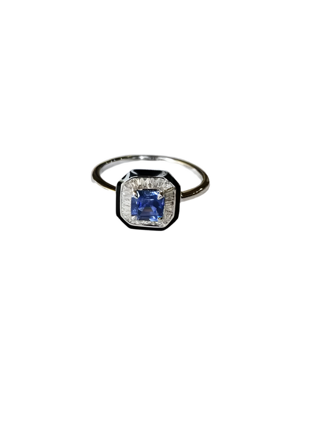 Natural Blue Sapphire & Black Enamel Ring - 18k White Gold Diamond Engagement Ring Hover Image