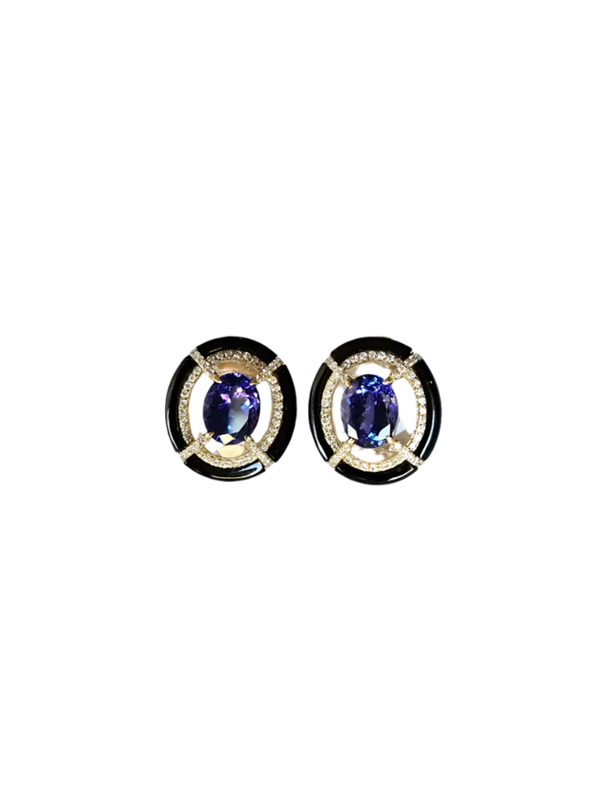 18k Gold Diamond & Tanzanite Gemstone Stud Earrings - Rock crystal & Black Onyx Earrings Hover Image