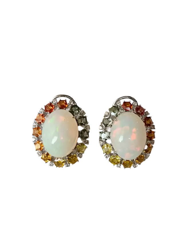 Natural Ethiopian Opal & Multi Sapphire Stud Earrings - 18k White Gold Diamond Earrings Hover Image