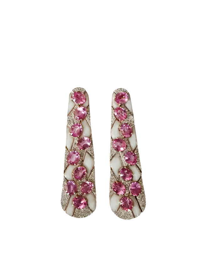 18k Rose Gold Diamond Dangle Earrings - Natural Ceylon Pink Sapphire & White Enamel Women Earrings Hover Image