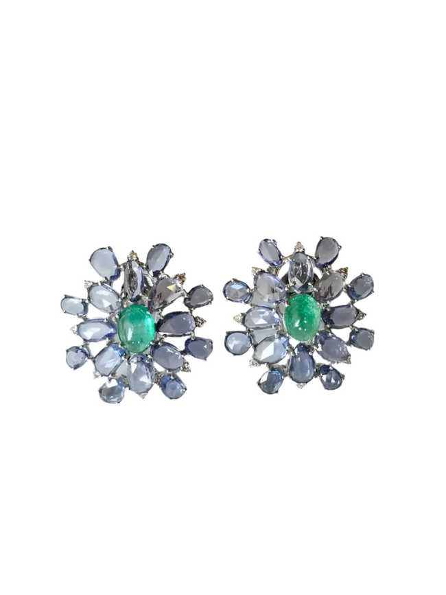 Natural Colombian Emerald & Blue Sapphire Floral Stud Earrings - 18k White Gold Diamond Earrings Hover Image