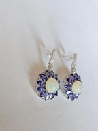 Round Ethiopian Opal Dangle Earrings - 18k White Gold Handmade Diamond & Tanzanite Gemstone Earrings