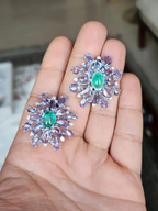 Natural Colombian Emerald & Blue Sapphire Floral Stud Earrings - 18k White Gold Diamond Earrings