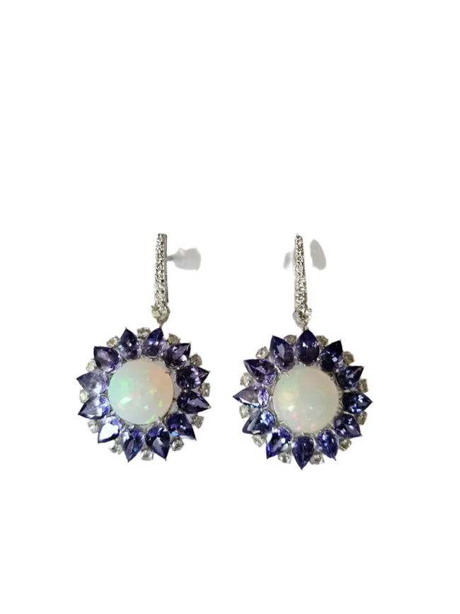 Round Ethiopian Opal Dangle Earrings - 18k White Gold Handmade Diamond & Tanzanite Gemstone Earrings Hover Image