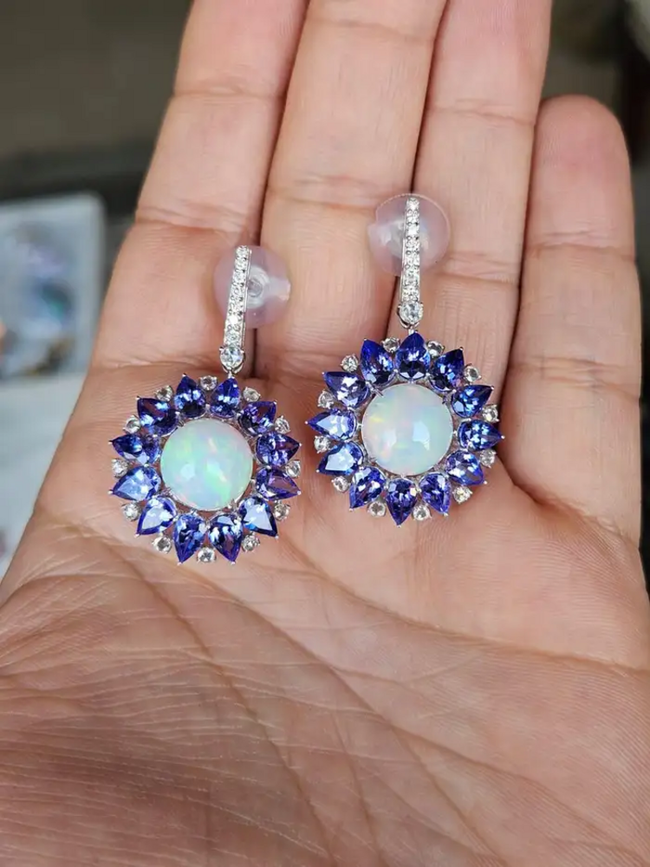 Round Ethiopian Opal Dangle Earrings - 18k White Gold Handmade Diamond & Tanzanite Gemstone Earrings Main Image