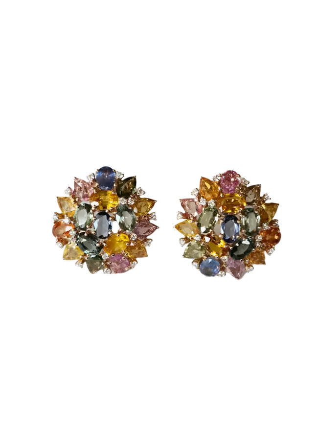 Ceylon Multi Sapphire & Diamond Stud Earrings - Handmade 18k Gold Diamond Women Earrings Hover Image