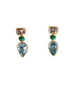 18K Yellow Matte Gold, Aquamarine, Emerald & Morganite Dangle Earring