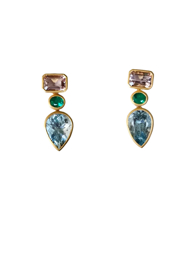 18K Yellow Matte Gold, Aquamarine, Emerald & Morganite Dangle Earring Hover Image