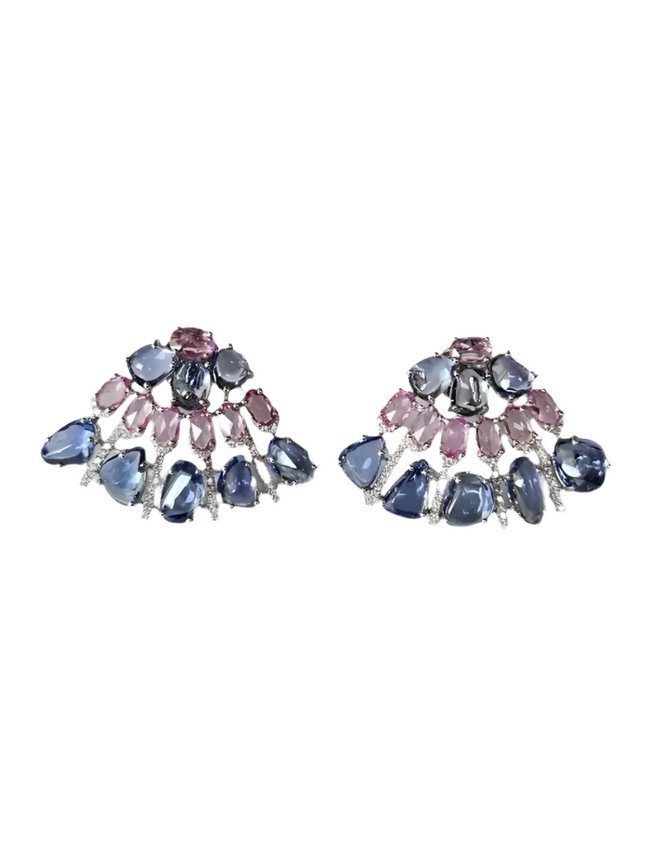 18k White Gold Diamond Stud Earrings - Natural Blue & Pink Sapphire Women Jewelry Hover Image