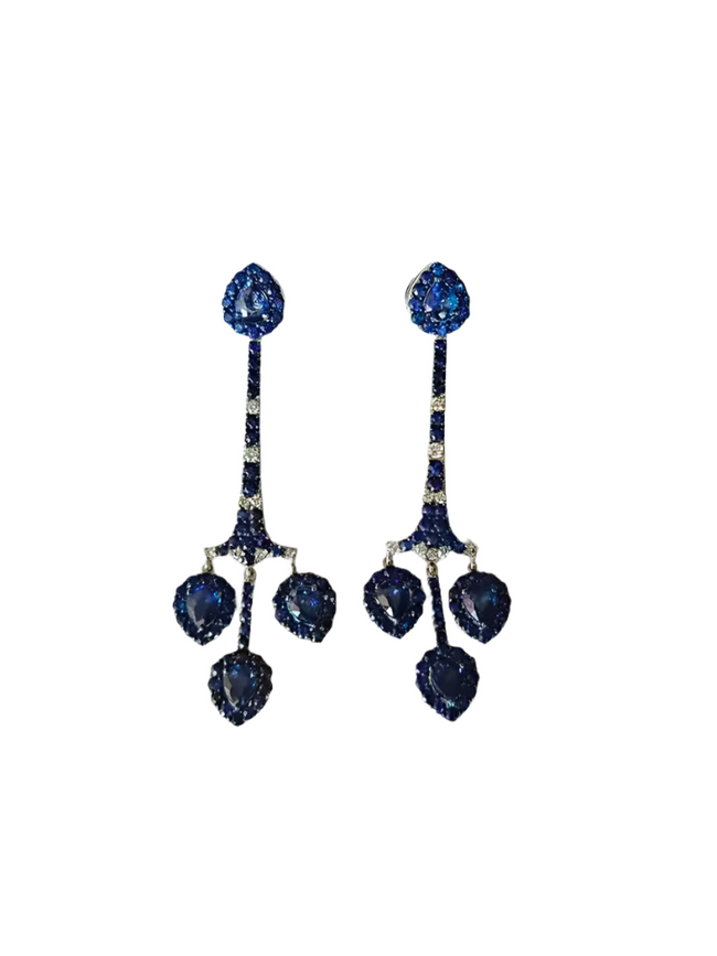 Natural Ceylon Blue Sapphire Chandelier Earring - 18k White Gold Diamond Handmade Dangle Earrings Hover Image