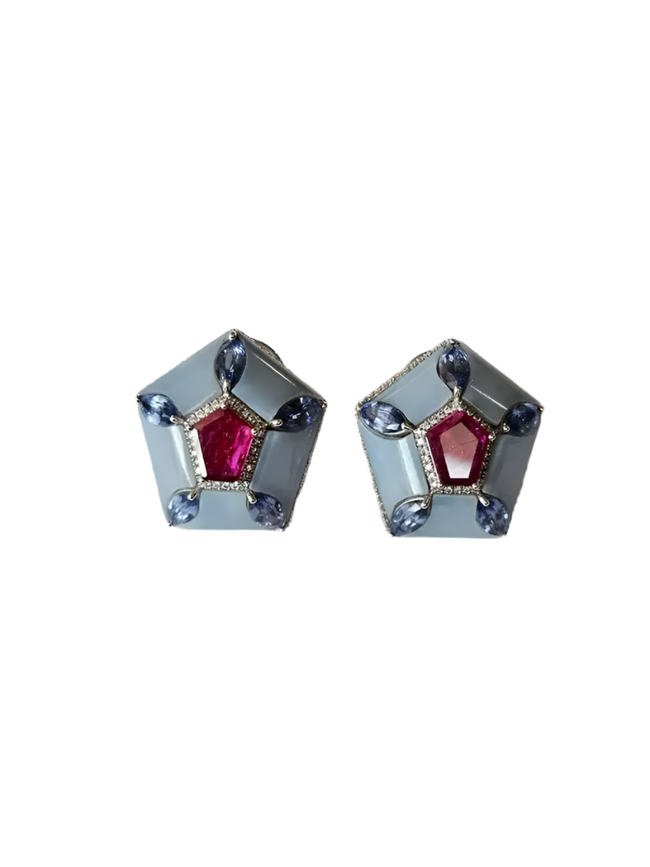 Natural Mozambique Ruby & Blue Opal Stud Earrings - 18k White Gold, Blue Sapphire & Diamond Earrings Hover Image
