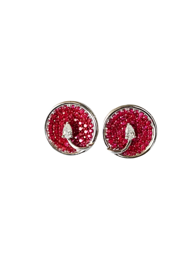 Natural Ruby Gemstone Round Stud Earrings - 18k White Gold Diamond Tiny Earrings Hover Image