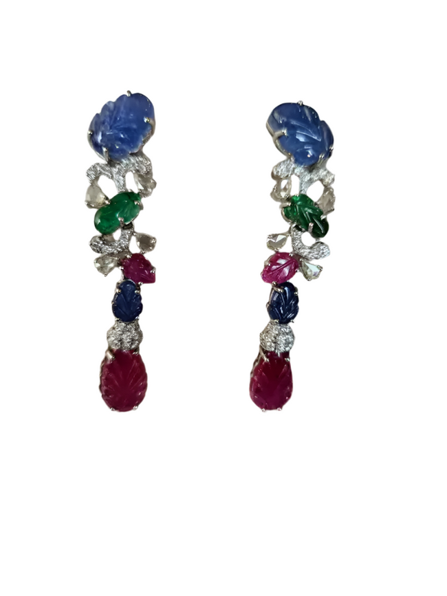Natural Blue Sapphires, Emeralds, Rubies & Diamonds Chandelier Earrings - 18k White Gold Earrings Hover Image