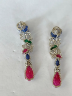 Natural Blue Sapphires, Emeralds, Rubies & Diamonds Chandelier Earrings - 18k White Gold Earrings