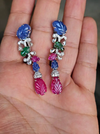 Natural Blue Sapphires, Emeralds, Rubies & Diamonds Chandelier Earrings - 18k White Gold Earrings