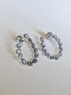 Natural Ceylon Blue Sapphire & Diamond Hoop Earrings - Solid 18k White Gold Handmade Earrings