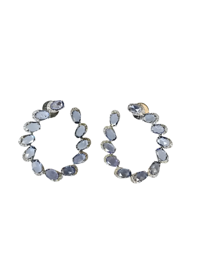 Natural Ceylon Blue Sapphire & Diamond Hoop Earrings - Solid 18k White Gold Handmade Earrings Hover Image