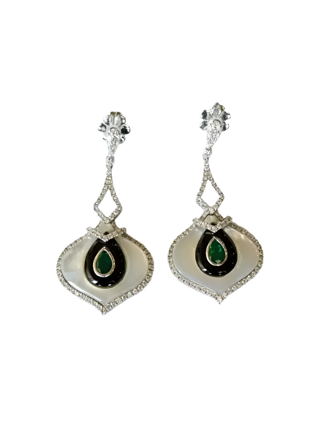 18k White Gold Zambian Emerald Dangle Earrings - Natural Diamond, Black Onyx & Pearl Wedding Earrings Hover Image