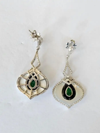 18k White Gold Zambian Emerald Dangle Earrings - Natural Diamond, Black Onyx & Pearl Wedding Earrings