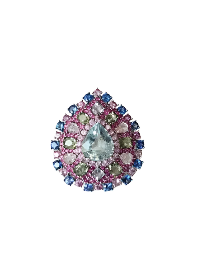 Natural Aquamarine & Multi Sapphire Gemstone Statement Ring - 18k White Gold Diamond Wedding Ring Hover Image