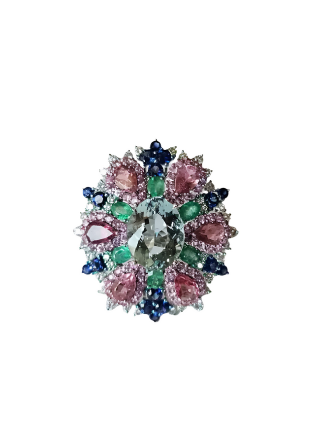 Natural Aquamarine, Sapphires & Emerald Statement Ring - 18k White Gold Diamond Wedding Ring Hover Image