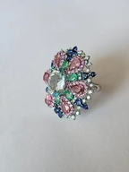 Natural Aquamarine, Sapphires & Emerald Statement Ring - 18k White Gold Diamond Wedding Ring