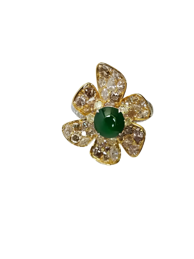 18k Yellow Gold Handmade Diamond Ring - Natural Jade Gemstone Engagement Ring Hover Image