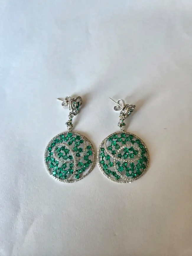 Natural Colombian Emerald Dangle Earrings - 18k White Gold Diamond Chandelier Earrings Hover Image