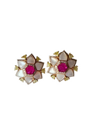 Natural Mozambique Ruby & Pearl Stud Earrings - 18k Rose Gold Yellow Diamond Earrings