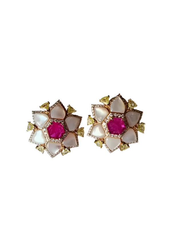 Natural Mozambique Ruby & Pearl Stud Earrings - 18k Rose Gold Yellow Diamond Earrings Hover Image