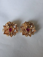 Natural Mozambique Ruby & Pearl Stud Earrings - 18k Rose Gold Yellow Diamond Earrings
