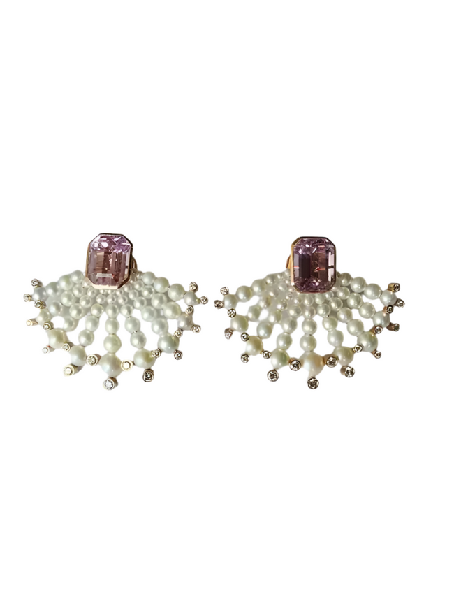 18k Rose Gold Handmade Diamond Stud Earrings - Natural Kunzite & Freshwater Pearls Designer Stud Earrings Hover Image