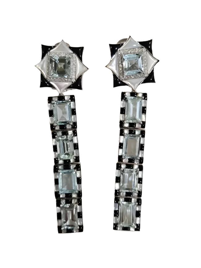Natural Aquamarine & Black Onyx Dangle Earrings - 18k White Gold Diamond Wedding Earrings Hover Image