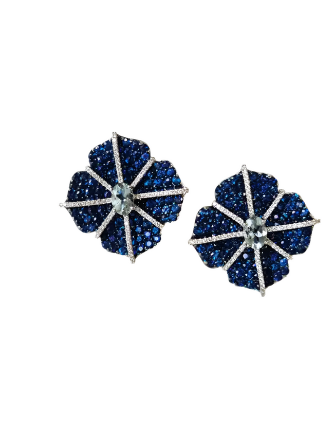 18k White Gold Diamond Floral Earrings - Natural Aquamarine & Blue Sapphire Stud Earrings Hover Image