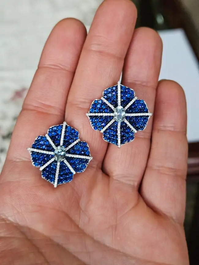 18k White Gold Diamond Floral Earrings - Natural Aquamarine & Blue Sapphire Stud Earrings Main Image
