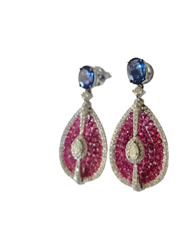 Ceylon Pink & Blue Sapphire Dangle Earrings - 18k White Gold & Rose Cut Diamond Women Earrings Hover Image