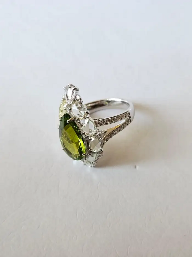 Natural Tourmaline & White Sapphire Ring - 18k White Gold Diamond Handmade Ring