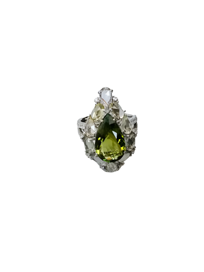 Natural Tourmaline & White Sapphire Ring - 18k White Gold Diamond Handmade Ring Hover Image