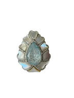 18k White Gold Diamond Statement Ring - Carved Aquamarine & Pearl Cocktail Ring
