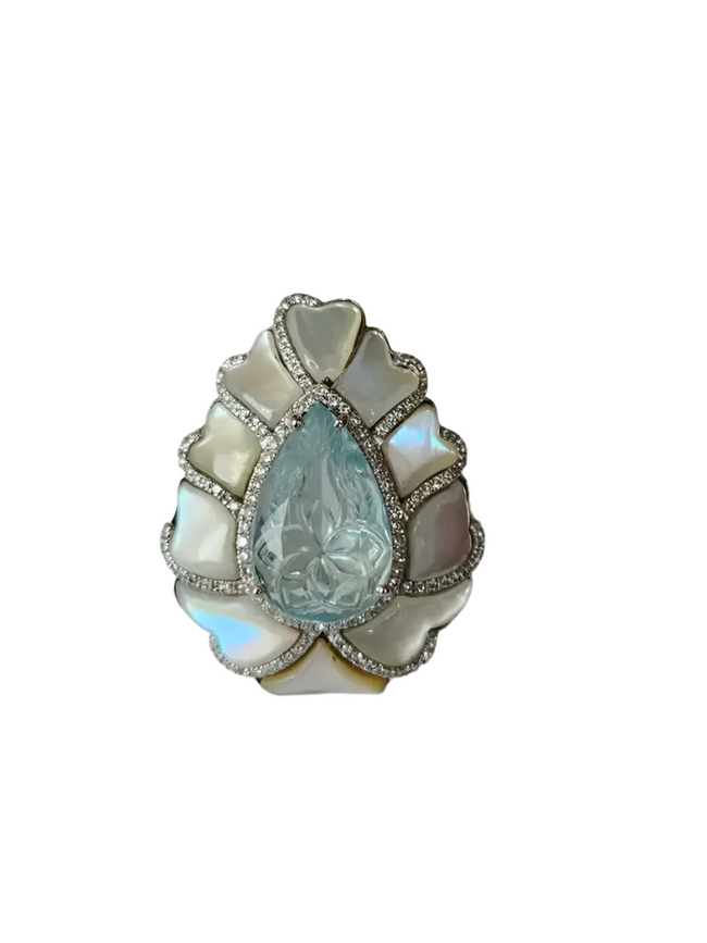 18k White Gold Diamond Statement Ring - Carved Aquamarine & Pearl Cocktail Ring Hover Image