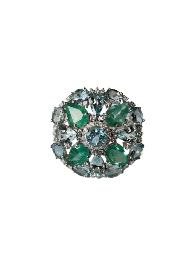 Colombian Emerald & Aquamarine Gemstone Statement Ring - 18k White Gold Diamond Cocktail Ring Hover Image