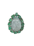 Carved Aquamarine & Zambian Emerald Cocktail Ring - 18k White Gold Handmade Diamond Ring