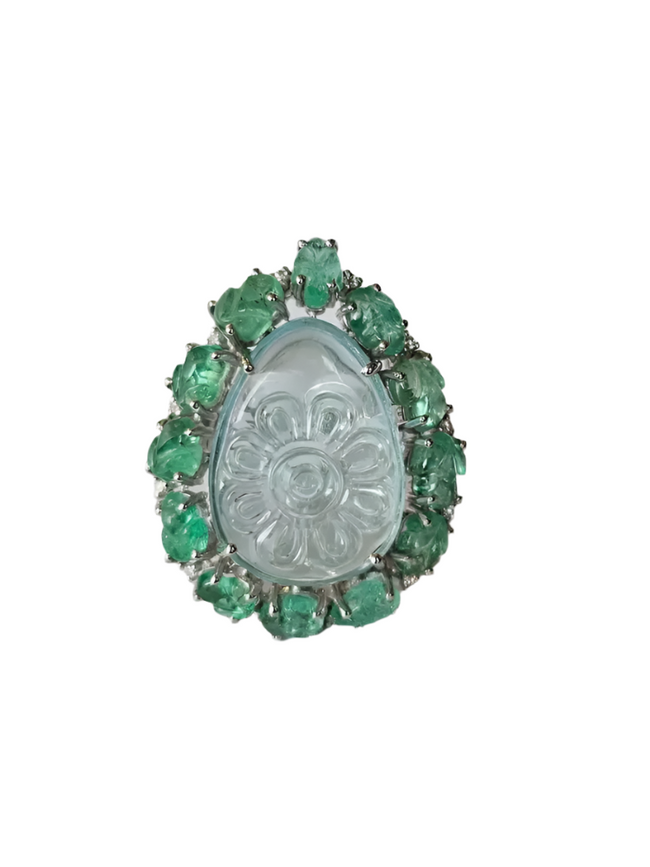 Carved Aquamarine & Zambian Emerald Cocktail Ring - 18k White Gold Handmade Diamond Ring Hover Image