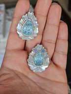 18k White Gold Handmade Diamond Stud Earrings - Pear Shape Carved Aquamarine & Pearl Stud Earrings