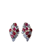 Natural Blue Sapphire & Diamond Earrings - 18k White Gold Carved Ruby Women Earrings